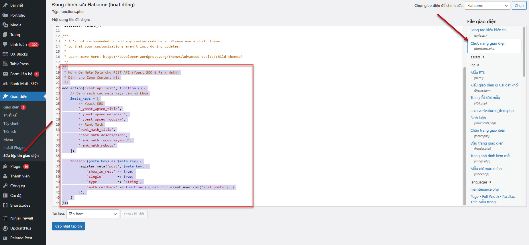 Dán trực tiếp vào cuối file functions.php trong giao diện (Theme) đang sử dụng.