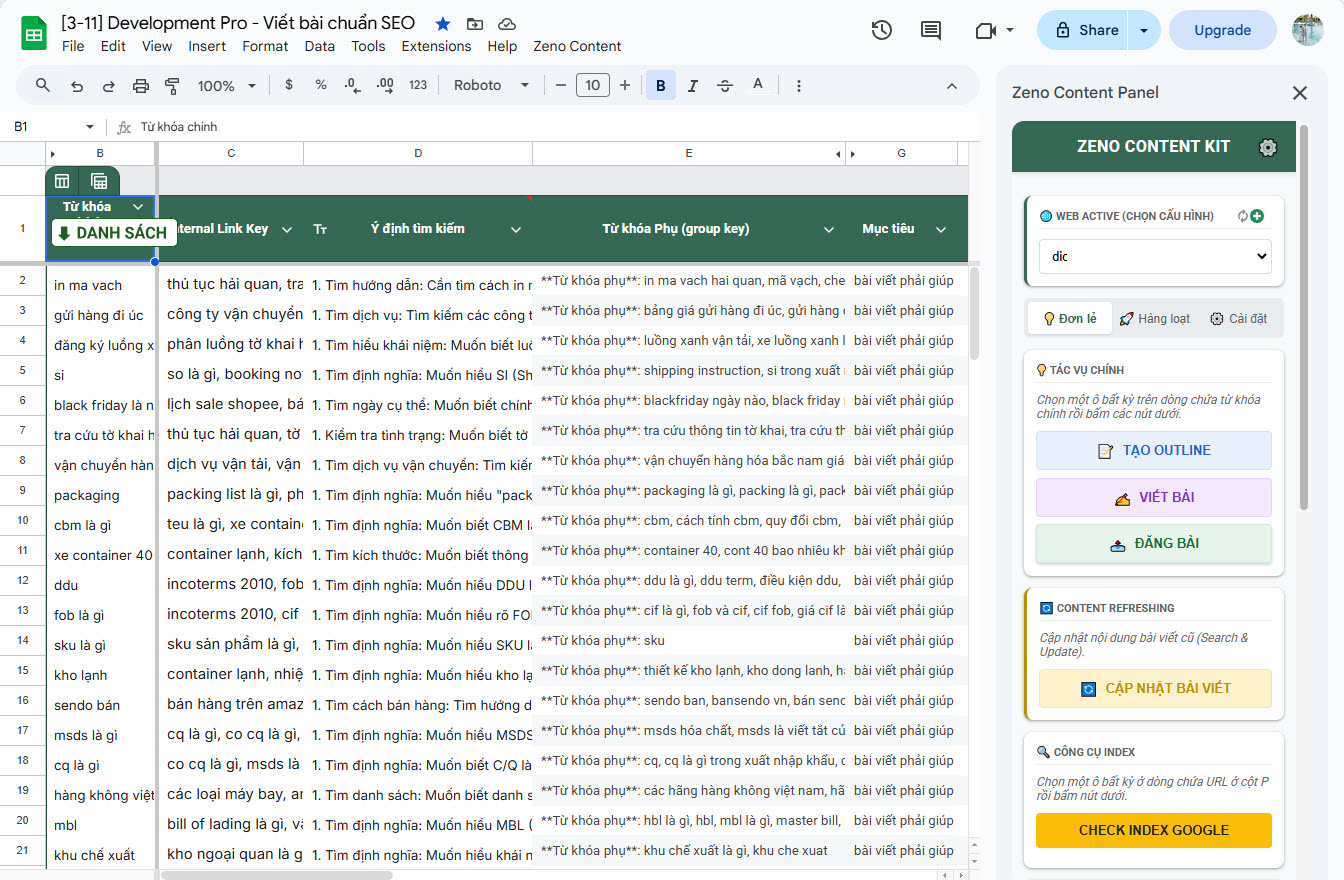 Zeno Content Kit Pro in Google Sheets