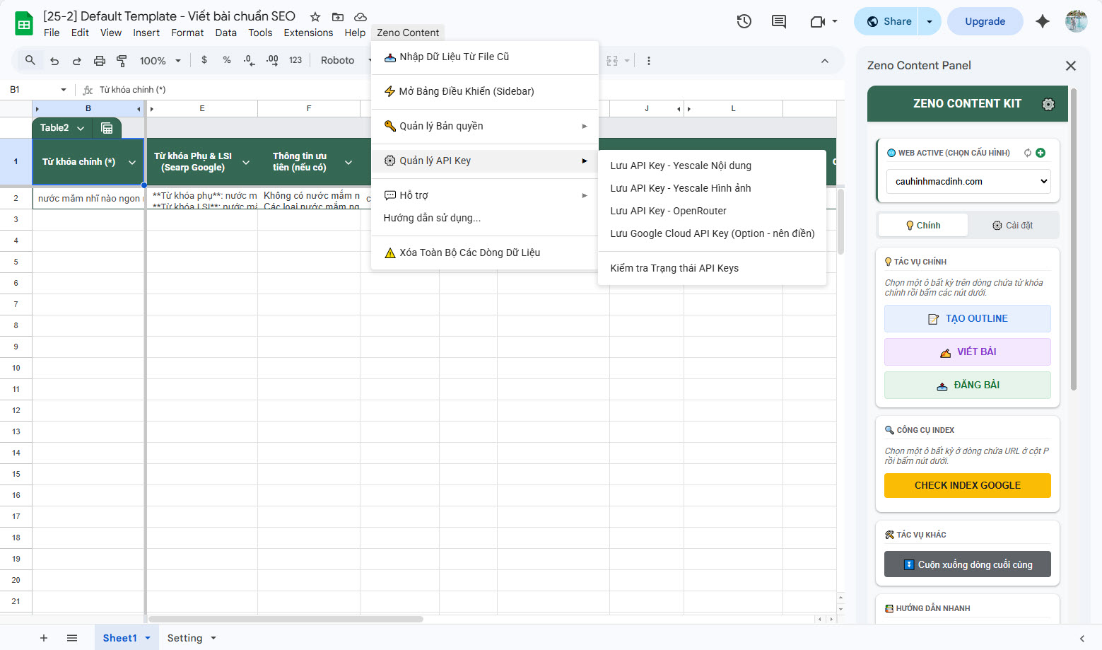 Zeno Content Kit trong Google Sheets